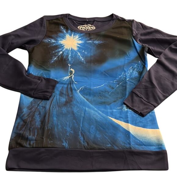 Disney Frozen Elsa Navy Blue Print Knit Top Size Medium Long Sleeves Pullover - Picture 3 of 7